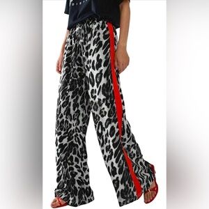 🆕Drawstring Leopard Print Color Block Side Striped Straight Leg Wide